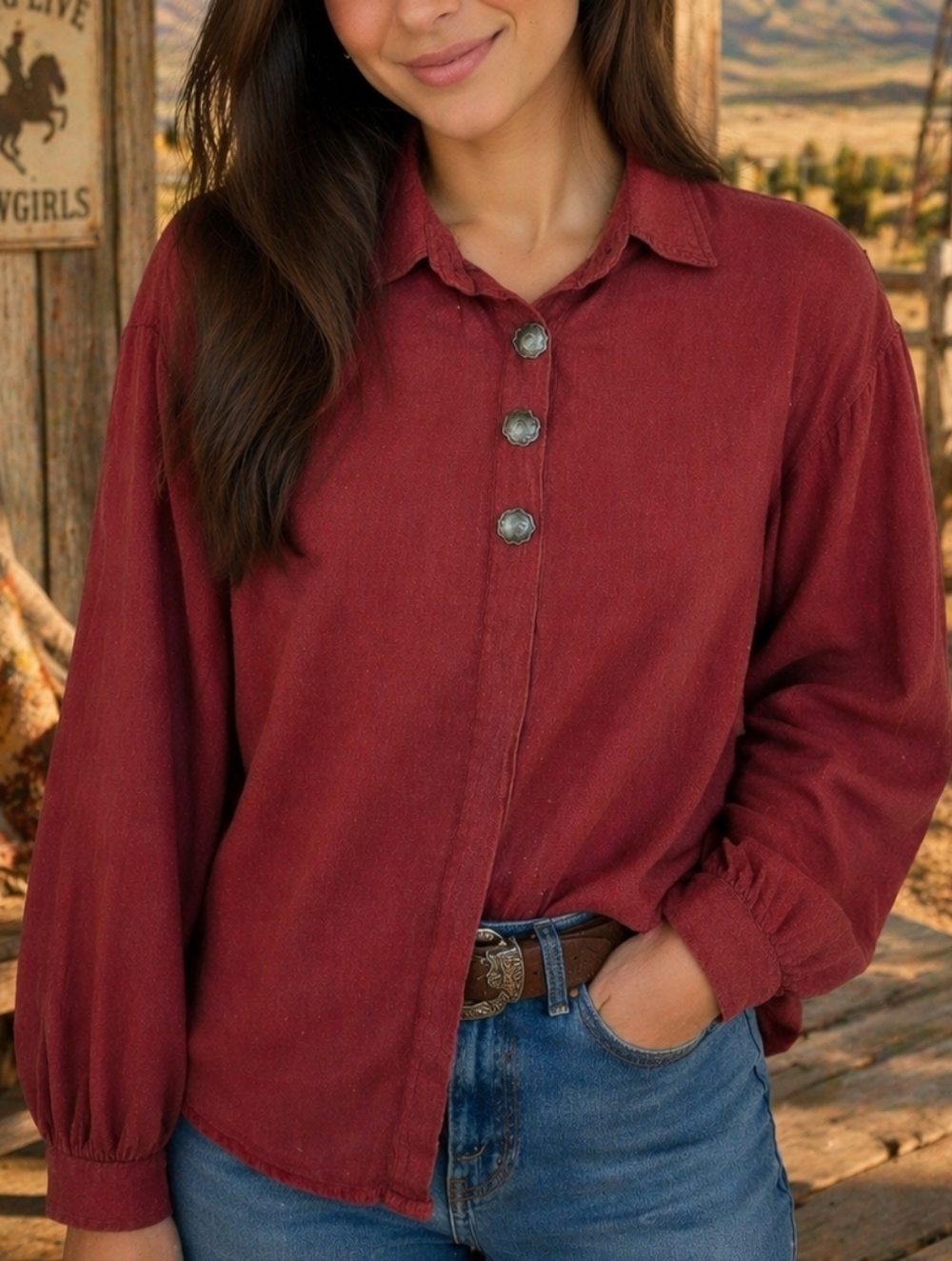 Vintage Roper Western Shirt Metal Button Detail Rust Red Button-Up Boho Cowgirl